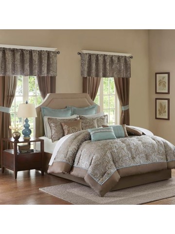 Essentials Brystol 24 Piece Room in a Bag Faux Silk Comforter Jacquard Paisley Design Matching Curtains Down Alternative Hypoallergenic All Season Bedding-Set, Cal King, Blue