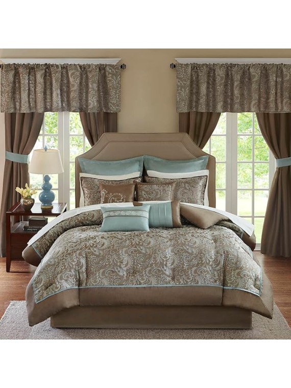 Essentials Brystol 24 Piece Room in a Bag Faux Silk Comforter Jacquard Paisley Design Matching Curtains Down Alternative Hypoallergenic All Season Bedding-Set, Cal King, Blue
