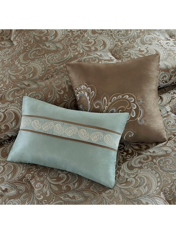 Essentials Brystol 24 Piece Room in a Bag Faux Silk Comforter Jacquard Paisley Design Matching Curtains Down Alternative Hypoallergenic All Season Bedding-Set, Cal King, Blue