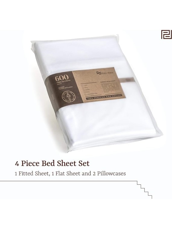 , Queen Size Thermoregulating Bed Sheet Set, 4 Piece Bedding, 600 Thread Count, Breathable & Cooling Sheets, Sateen, 100% Peruvian Pima Cotton, White