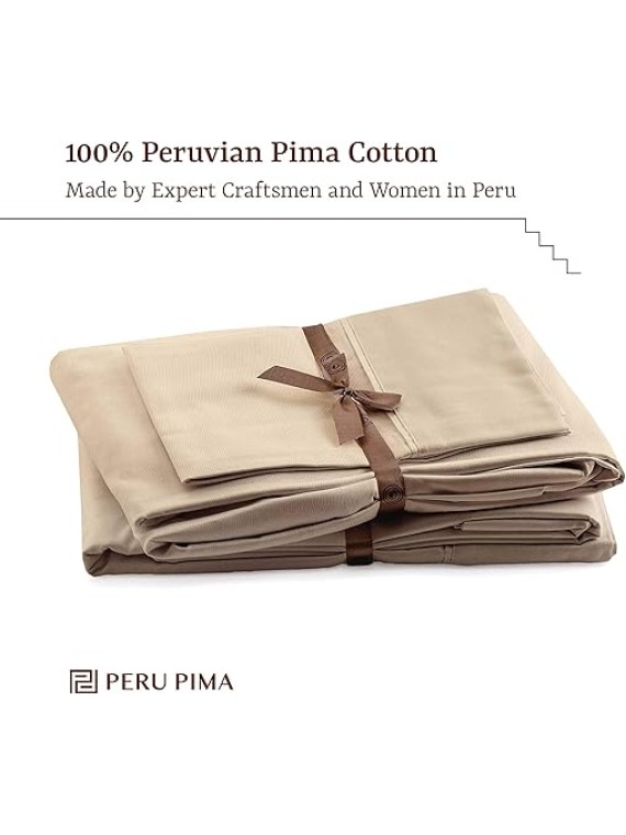 , King Size Thermoregulating Bed Sheet Set, 4 Piece Bedding, 600 Thread Count, Breathable & Cooling Sheets, Sateen, 100% Peruvian Pima Cotton, Latte