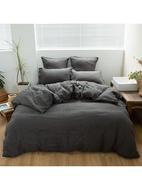 100% Linen Duvet Cover Set 3pcs Basic Style Natural French Washed Flax Solid Color Soft Breathable Farmhouse Bedding with Button Closure - Dark Grey, Queen