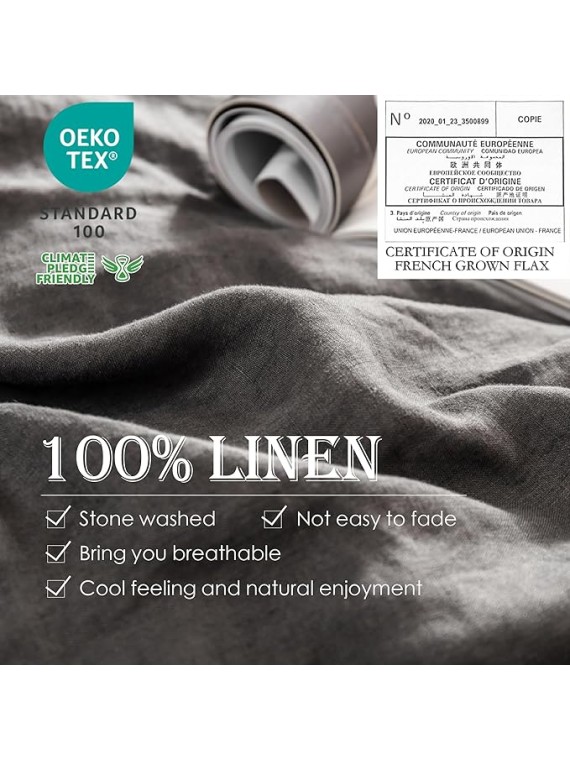 100% Linen Duvet Cover Set 3pcs Basic Style Natural French Washed Flax Solid Color Soft Breathable Farmhouse Bedding with Button Closure - Dark Grey, Queen
