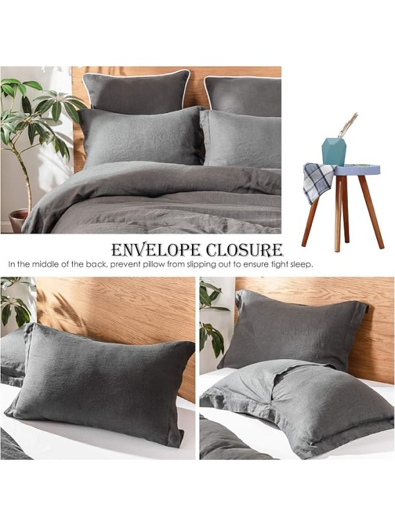 100% Linen Duvet Cover Set 3pcs Basic Style Natural French Washed Flax Solid Color Soft Breathable Farmhouse Bedding with Button Closure - Dark Grey, Queen