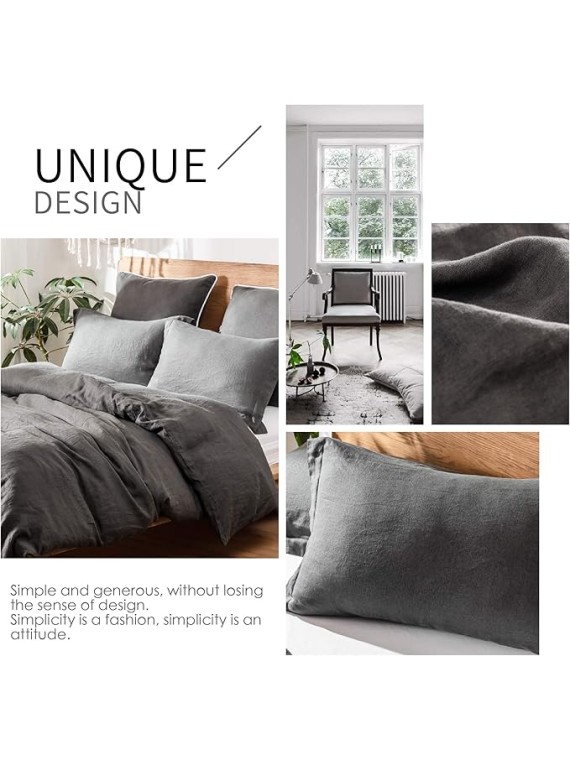 100% Linen Duvet Cover Set 3pcs Basic Style Natural French Washed Flax Solid Color Soft Breathable Farmhouse Bedding with Button Closure - Dark Grey, Queen