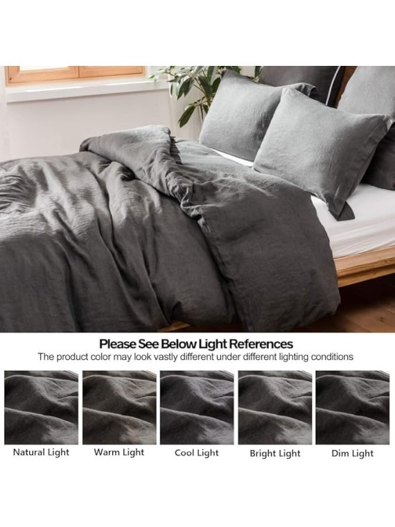100% Linen Duvet Cover Set 3pcs Basic Style Natural French Washed Flax Solid Color Soft Breathable Farmhouse Bedding with Button Closure - Dark Grey, Queen