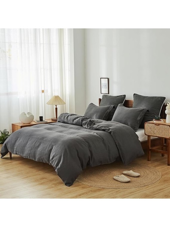 100% Linen Duvet Cover Set 3pcs Basic Style Natural French Washed Flax Solid Color Soft Breathable Farmhouse Bedding with Button Closure - Dark Grey, Queen