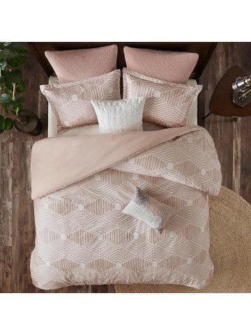 King Comforter Set Geometric Cotton Comforters Farmhouse with Clipped Jacquard, All Season, Down Alternative Lightweight & Fluffy Bedding, Matching Shams, Ellipse, King/Cal King, Blush 3 Piece