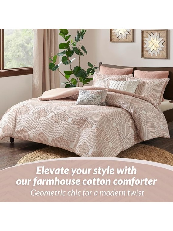King Comforter Set Geometric Cotton Comforters Farmhouse with Clipped Jacquard, All Season, Down Alternative Lightweight & Fluffy Bedding, Matching Shams, Ellipse, King/Cal King, Blush 3 Piece
