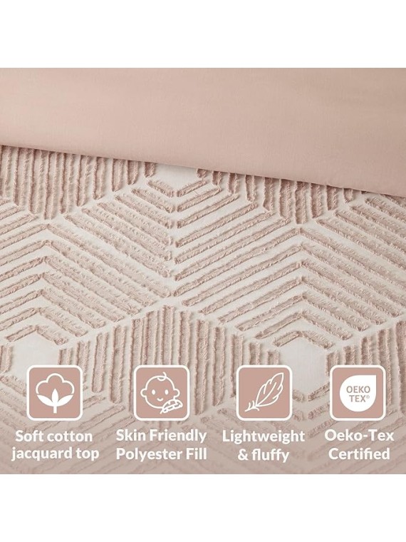 King Comforter Set Geometric Cotton Comforters Farmhouse with Clipped Jacquard, All Season, Down Alternative Lightweight & Fluffy Bedding, Matching Shams, Ellipse, King/Cal King, Blush 3 Piece