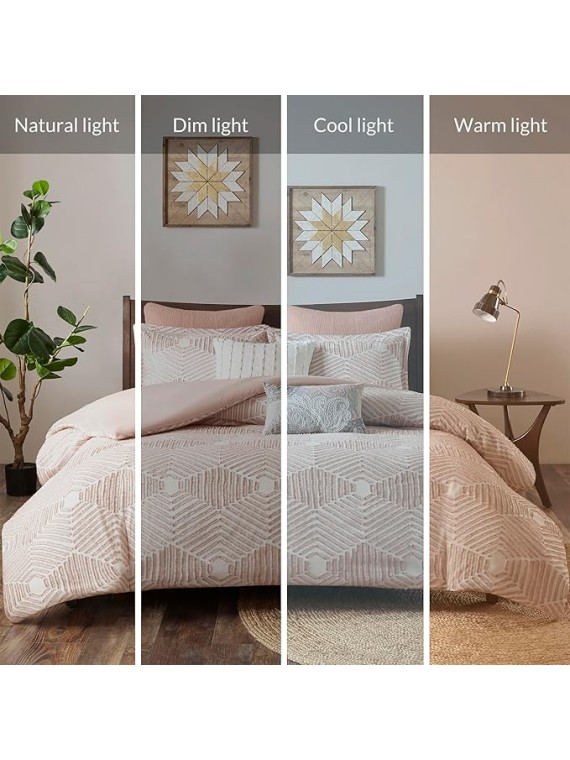 King Comforter Set Geometric Cotton Comforters Farmhouse with Clipped Jacquard, All Season, Down Alternative Lightweight & Fluffy Bedding, Matching Shams, Ellipse, King/Cal King, Blush 3 Piece