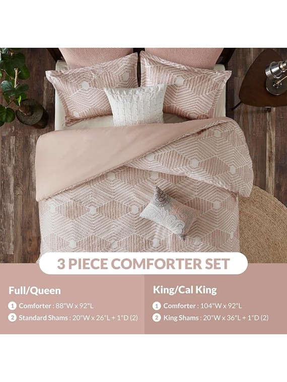 King Comforter Set Geometric Cotton Comforters Farmhouse with Clipped Jacquard, All Season, Down Alternative Lightweight & Fluffy Bedding, Matching Shams, Ellipse, King/Cal King, Blush 3 Piece