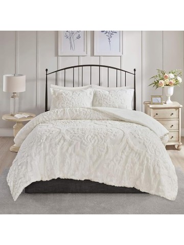 Cream Chenille Comforter King/Cal King Set Tufted Bedding Damask Chenile Cotton Farmhouse Pretty Shabby Chic Country Charm, 3 Piece