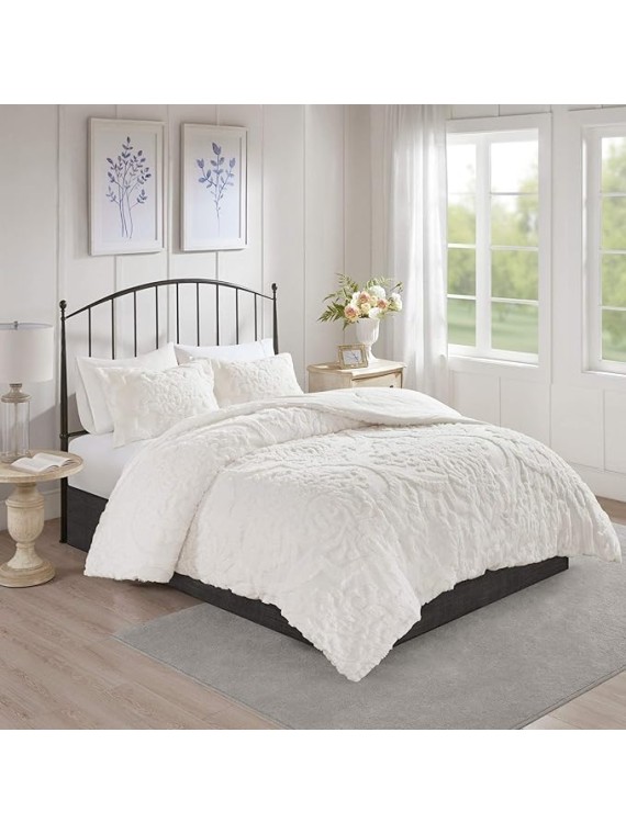 Cream Chenille Comforter King/Cal King Set Tufted Bedding Damask Chenile Cotton Farmhouse Pretty Shabby Chic Country Charm, 3 Piece