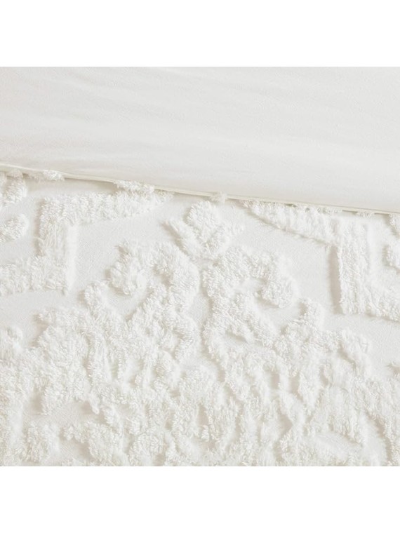 Cream Chenille Comforter King/Cal King Set Tufted Bedding Damask Chenile Cotton Farmhouse Pretty Shabby Chic Country Charm, 3 Piece