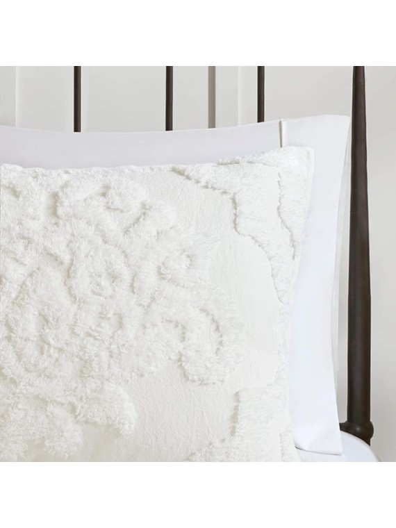 Cream Chenille Comforter King/Cal King Set Tufted Bedding Damask Chenile Cotton Farmhouse Pretty Shabby Chic Country Charm, 3 Piece