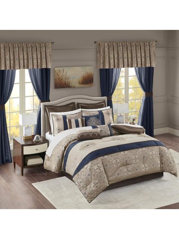 Essentials Delaney 24-Piece Room In A Bag Comforter Set-Satin Jacquard All Season Luxury Bedding, Sheets, decorative pillows and Curtains, Valance, Cal King(104"x92"), Medallion Navy
