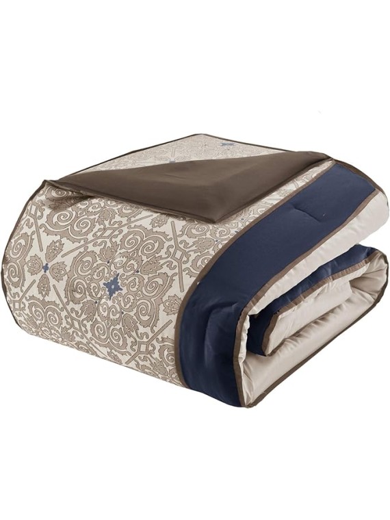 Essentials Delaney 24-Piece Room In A Bag Comforter Set-Satin Jacquard All Season Luxury Bedding, Sheets, decorative pillows and Curtains, Valance, Cal King(104"x92"), Medallion Navy