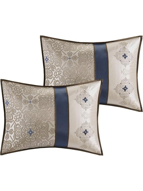 Essentials Delaney 24-Piece Room In A Bag Comforter Set-Satin Jacquard All Season Luxury Bedding, Sheets, decorative pillows and Curtains, Valance, Cal King(104"x92"), Medallion Navy
