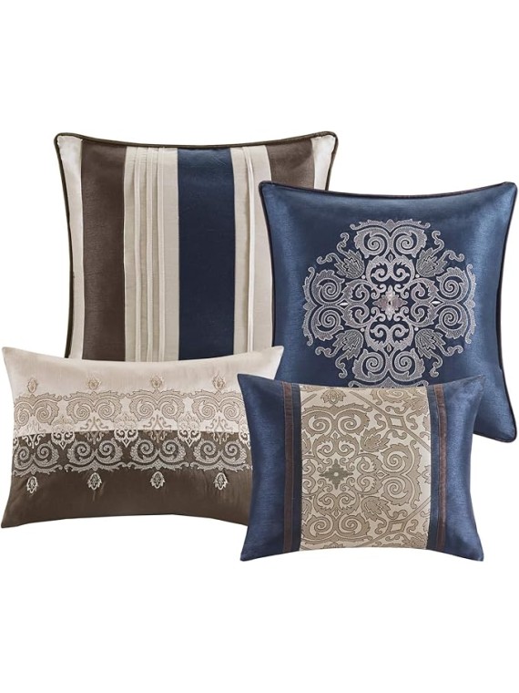 Essentials Delaney 24-Piece Room In A Bag Comforter Set-Satin Jacquard All Season Luxury Bedding, Sheets, decorative pillows and Curtains, Valance, Cal King(104"x92"), Medallion Navy