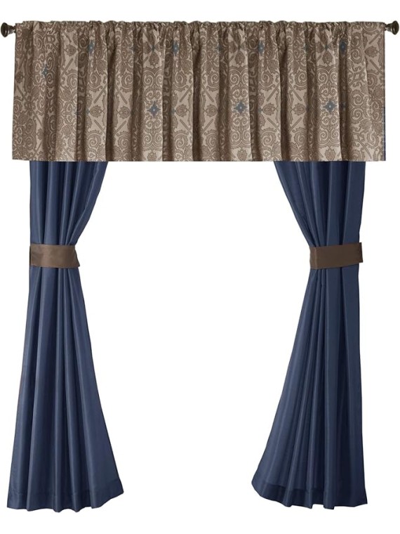 Essentials Delaney 24-Piece Room In A Bag Comforter Set-Satin Jacquard All Season Luxury Bedding, Sheets, decorative pillows and Curtains, Valance, Cal King(104"x92"), Medallion Navy