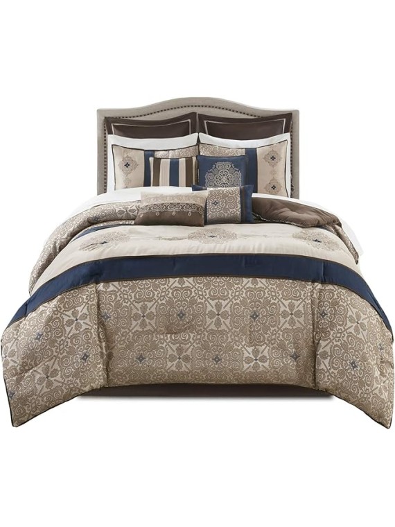 Essentials Delaney 24-Piece Room In A Bag Comforter Set-Satin Jacquard All Season Luxury Bedding, Sheets, decorative pillows and Curtains, Valance, Cal King(104"x92"), Medallion Navy