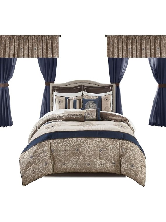 Essentials Delaney 24-Piece Room In A Bag Comforter Set-Satin Jacquard All Season Luxury Bedding, Sheets, decorative pillows and Curtains, Valance, Cal King(104"x92"), Medallion Navy
