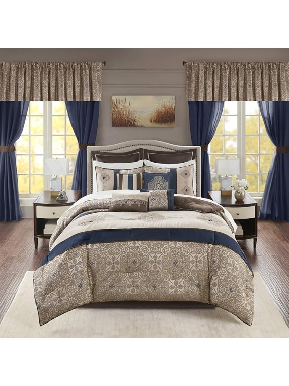 Essentials Delaney 24-Piece Room In A Bag Comforter Set-Satin Jacquard All Season Luxury Bedding, Sheets, decorative pillows and Curtains, Valance, Cal King(104"x92"), Medallion Navy