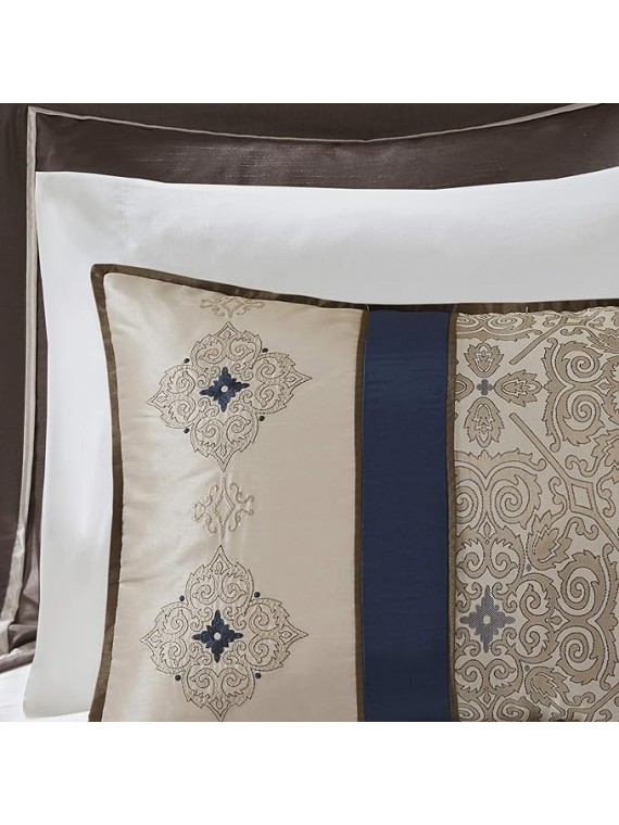 Essentials Delaney 24-Piece Room In A Bag Comforter Set-Satin Jacquard All Season Luxury Bedding, Sheets, decorative pillows and Curtains, Valance, Cal King(104"x92"), Medallion Navy