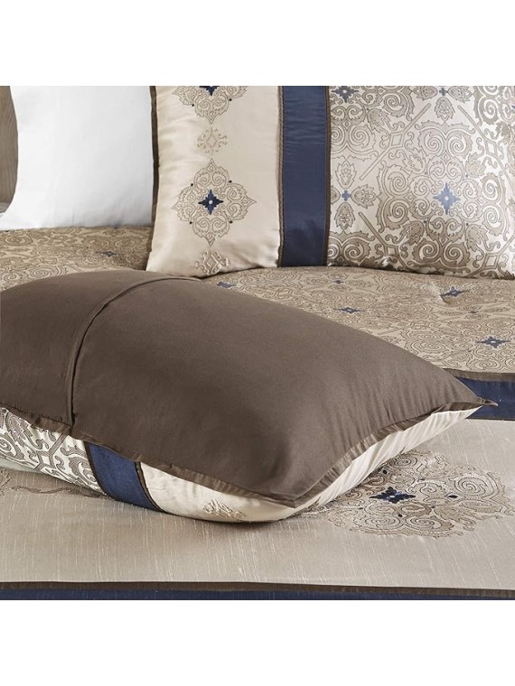 Essentials Delaney 24-Piece Room In A Bag Comforter Set-Satin Jacquard All Season Luxury Bedding, Sheets, decorative pillows and Curtains, Valance, Cal King(104"x92"), Medallion Navy