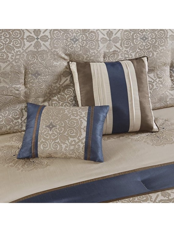 Essentials Delaney 24-Piece Room In A Bag Comforter Set-Satin Jacquard All Season Luxury Bedding, Sheets, decorative pillows and Curtains, Valance, Cal King(104"x92"), Medallion Navy