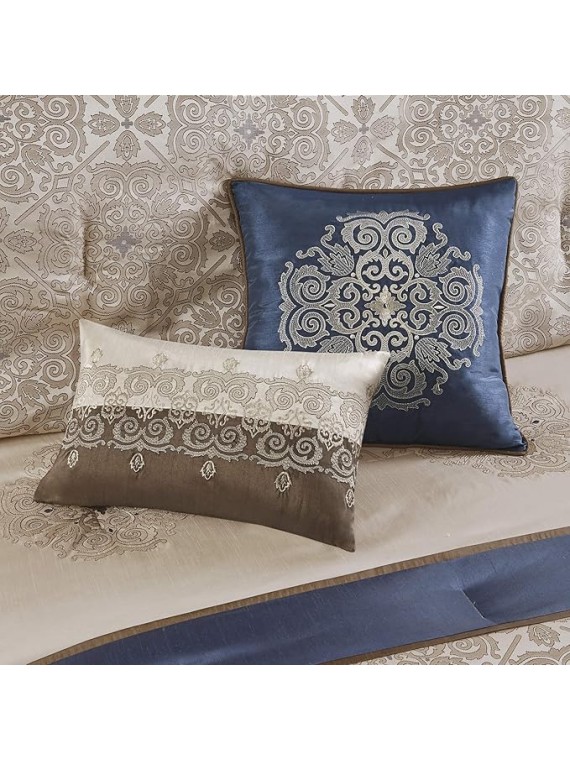 Essentials Delaney 24-Piece Room In A Bag Comforter Set-Satin Jacquard All Season Luxury Bedding, Sheets, decorative pillows and Curtains, Valance, Cal King(104"x92"), Medallion Navy