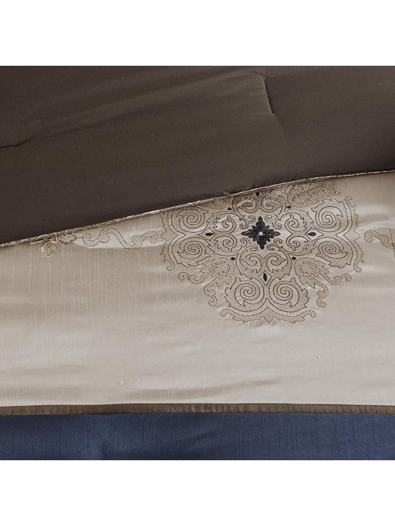 Essentials Delaney 24-Piece Room In A Bag Comforter Set-Satin Jacquard All Season Luxury Bedding, Sheets, decorative pillows and Curtains, Valance, Cal King(104"x92"), Medallion Navy