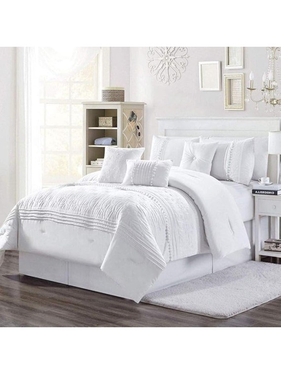 7 Piece Chenille Comforter Set Cal King, Pleated Embroidered Elegant Beautiful Decorative Textured Homey Feel Soft Cozy Comfy