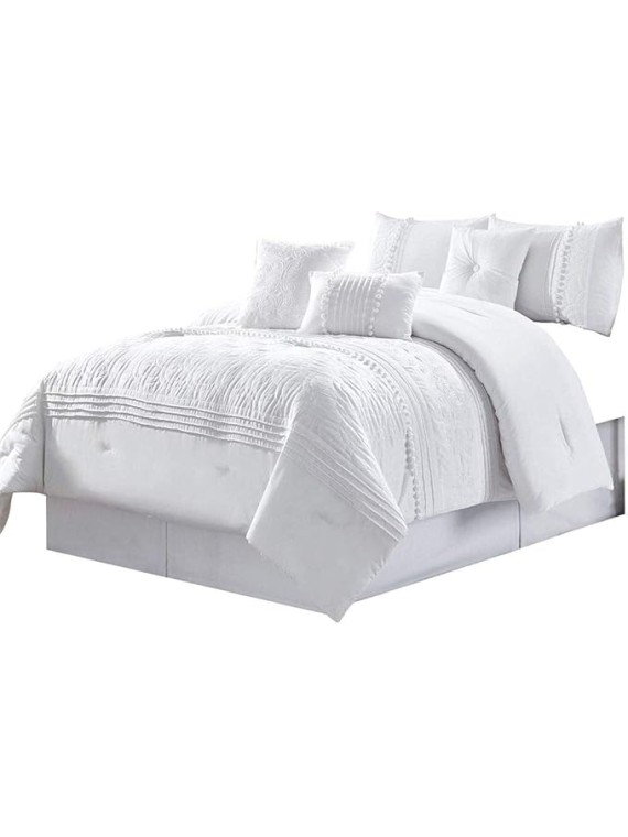 7 Piece Chenille Comforter Set Cal King, Pleated Embroidered Elegant Beautiful Decorative Textured Homey Feel Soft Cozy Comfy