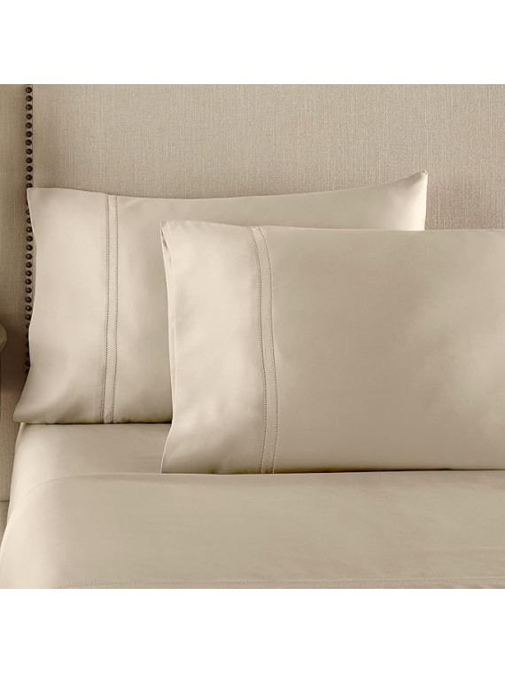 Luxury 100% CEA Certified Egyptian Cotton Sheet Bed Set | Extra-Long Staple | Cool, Breathable, Ultra Comfort | Double Hem-Stitched | Flat, Fitted, and 1 Pillowcase (Tan, Twin)