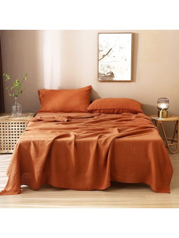 100% Organic French Linen Sheets Set Queen Size,Natural Flax from Normandy Bedding Set with Stone Washed 4 Pieces,Ultra Soft Breathable(Caramel)