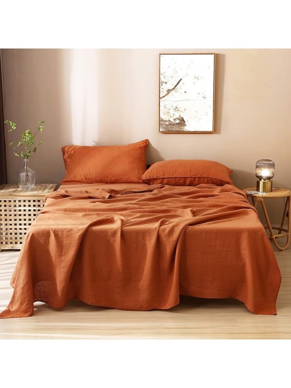 100% Organic French Linen Sheets Set Queen Size,Natural Flax from Normandy Bedding Set with Stone Washed 4 Pieces,Ultra Soft Breathable(Caramel)
