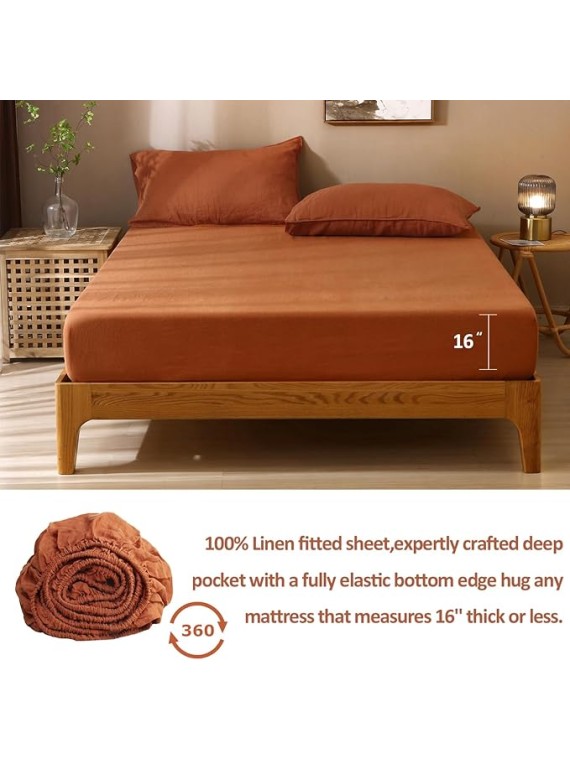 100% Organic French Linen Sheets Set Queen Size,Natural Flax from Normandy Bedding Set with Stone Washed 4 Pieces,Ultra Soft Breathable(Caramel)