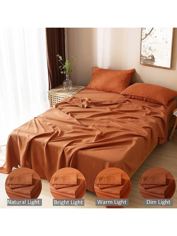 100% Organic French Linen Sheets Set Queen Size,Natural Flax from Normandy Bedding Set with Stone Washed 4 Pieces,Ultra Soft Breathable(Caramel)