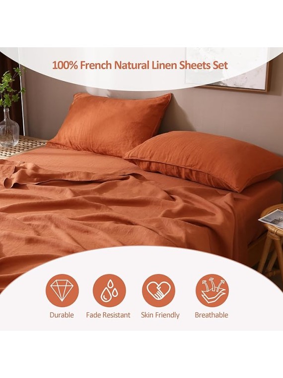 100% Organic French Linen Sheets Set Queen Size,Natural Flax from Normandy Bedding Set with Stone Washed 4 Pieces,Ultra Soft Breathable(Caramel)