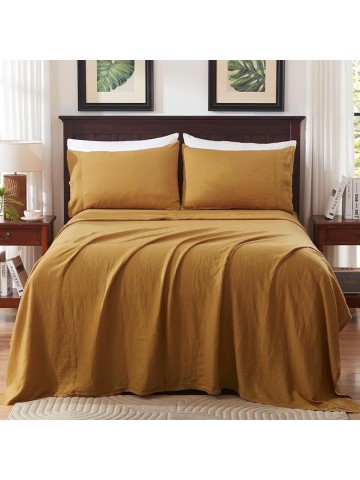 Pure Linen Sheets Set, 100% French Natural Linen Flax Bedding 4pc Set (Queen, 1 Flat Sheet, 1 Fitted Sheet, 2 Pillowcases) - Butternut