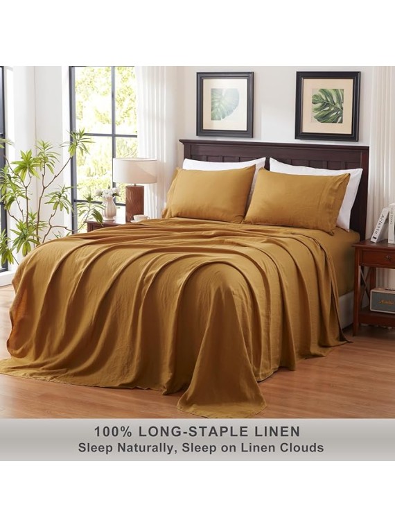 Pure Linen Sheets Set, 100% French Natural Linen Flax Bedding 4pc Set (Queen, 1 Flat Sheet, 1 Fitted Sheet, 2 Pillowcases) - Butternut