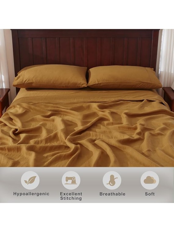 Pure Linen Sheets Set, 100% French Natural Linen Flax Bedding 4pc Set (Queen, 1 Flat Sheet, 1 Fitted Sheet, 2 Pillowcases) - Butternut