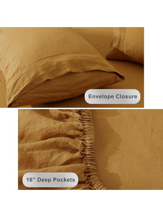 Pure Linen Sheets Set, 100% French Natural Linen Flax Bedding 4pc Set (Queen, 1 Flat Sheet, 1 Fitted Sheet, 2 Pillowcases) - Butternut