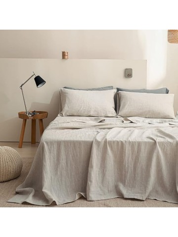 100% Linen Sheet Set 4pcs Basic Style, Deep Pocket, Natural French Washed Flax Solid Color Soft Breathable Bed Sheets - Linen, Queen