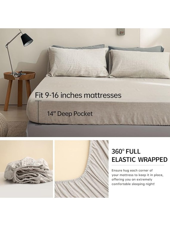 100% Linen Sheet Set 4pcs Basic Style, Deep Pocket, Natural French Washed Flax Solid Color Soft Breathable Bed Sheets - Linen, Queen