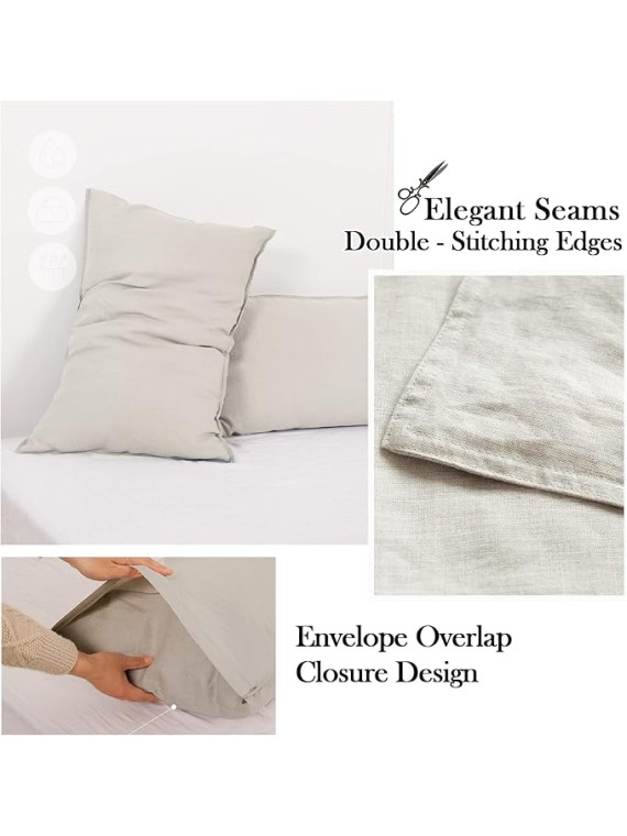 100% Linen Sheet Set 4pcs Basic Style, Deep Pocket, Natural French Washed Flax Solid Color Soft Breathable Bed Sheets - Linen, Queen