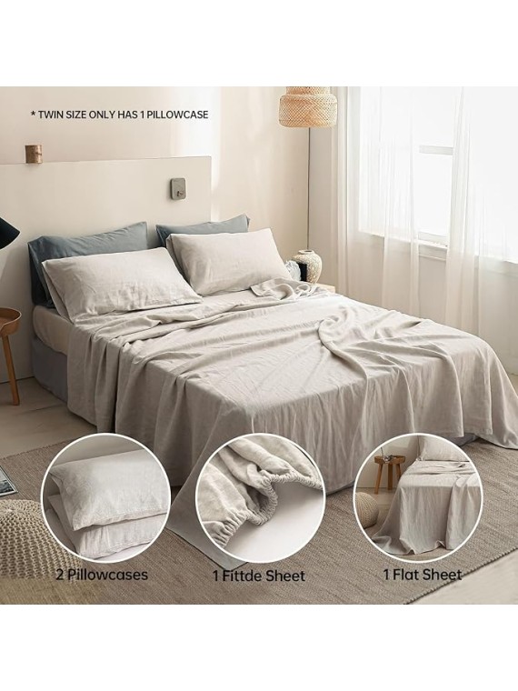 100% Linen Sheet Set 4pcs Basic Style, Deep Pocket, Natural French Washed Flax Solid Color Soft Breathable Bed Sheets - Linen, Queen