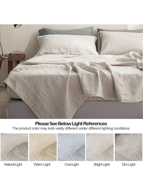 100% Linen Sheet Set 4pcs Basic Style, Deep Pocket, Natural French Washed Flax Solid Color Soft Breathable Bed Sheets - Linen, Queen